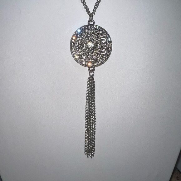 Silver Tone with Filigree and Crystal Tassel Necklace - Picture 2 of 9